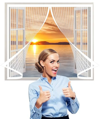 Magnet Fliegengitter Fenster 98 x 192 cm, Insektenschutz mit Starkem Klettband, Magnetische Adsorption für Windows/Wohnzimmer Fenstern, Weiß