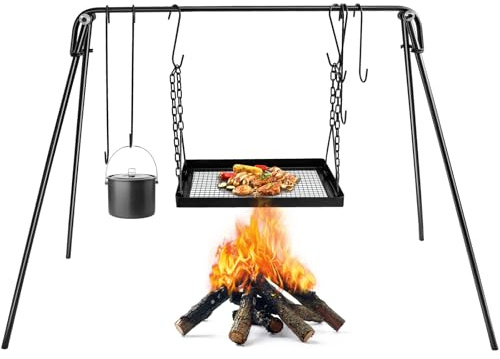 HONYTA Soporte para parrilla de cocina Campfire, estante de cocina portátil colgante con patas plegables, rejilla ajustable y ganchos para barbacoa al aire libre, picnic, utensilios de cocina para