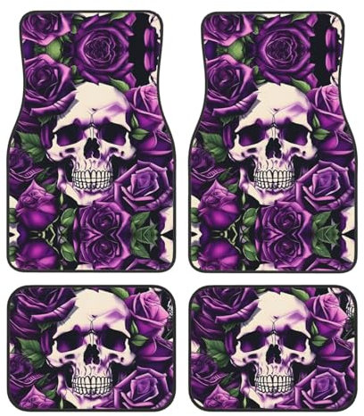 Viele Purple Rose Skull Auto Teppich Auto Zubehör Premium wasserdichte Automatten Komplettset - Universal Fit für Vans, SUVs usw.
