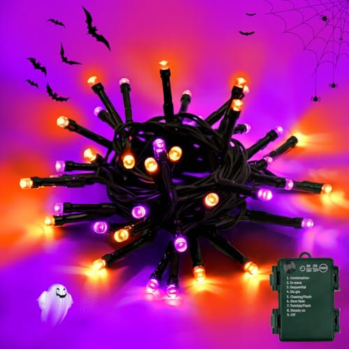 FFZZKJ Halloween Lights Outdoor Timer 8 Modes Waterproof Battery Operated 10Ft/3M 30 LED Indoor for Halloween Decorations, Door, Window, Orange&Purple