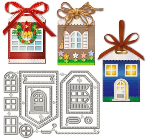 WADORN Stanzformen Für Geschenkkartentüten Mit Metallhaus Motiv Stanzformen Mit Fenster Und Haus Geschenk Tragetasche Karbonstahl Schnittschablonen Für Handgefertigten Geschenkpapierhalter Album