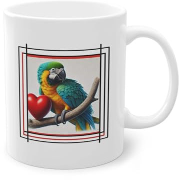 Taza de regalo original asequible de fantasía – Loro Ara – San Valentín – Corazón blanco brillante 11oz