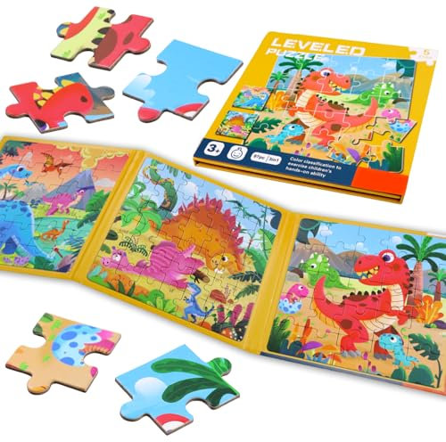 Kinderpuzzle Magnet Puzzle, 25-30-42 Teile Dinosaurier Magnetpuzzle, 3-in-1 Magnete Puzzlebuchen für Kinder, Beschäftigung im Autofahrt Flugzeug Ab 3 4 5 6 Jahre