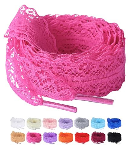 Olukssck 2 Paires de Lacets Chaussures en Dentelle pour Baskets, 3CM de Largeur, Lacets Plats pour Femmes Filles, Rose Foncé, 100cm