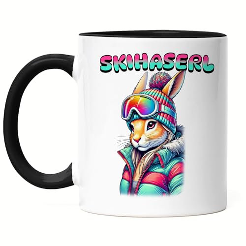 Hey!Print Skihaserl Tasse schwarz Ski Winter Hase Alpenlustig Retro