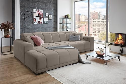 möbelando Wohnlandschaft >Puppet< in Taupe, Ottomane Links, elektrische Sitztiefenverstellung, Metallfüße schwarz, Nosagunterfederung, Polyätherschaum, inkl. 2 Zierkissen, 301x81-113x195 cm (BxHxT)