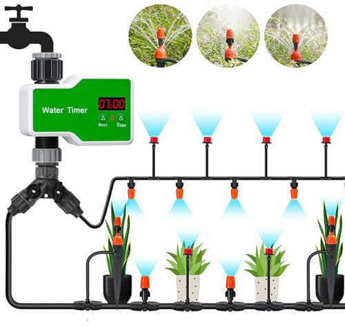Kit de Riego por Goteo, Riego Automático con Temporizador de Agua, Kit de Riego por Goteo, Kit de Aspersor Automático para Invernadero, Patio, Jardín, Césped, Planta