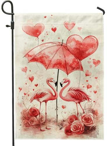 Romantische Pfirsich-Flamingo-Gartenflagge, Valentinstag-Herzen, Regenschirm, Outdoor-Hof-Dekoration, doppelseitig, niedliche Heimdekoration für Frühling und Sommer, 30,5 x 45,7 cm