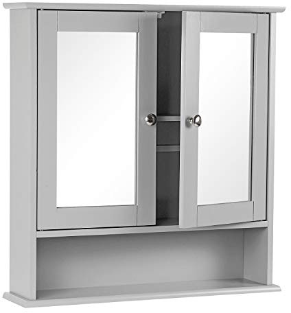 Livhome Bathroom Wall Cabinet with Double Mirror Doors, Wall Mounted Wooden Bathroom Mirror Cabinet, Mirrored Bathroom Cabinets with Shelf for Toiletries and Compact Spaces (Grey)