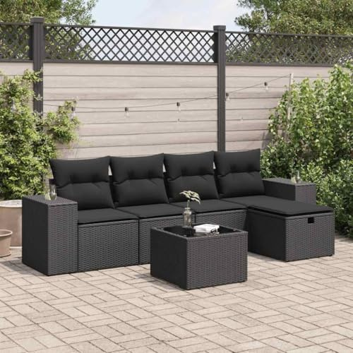 IKAYAA Rattan Gartenmöbel Set mit stauraum Gartenlounge mit stauraum Balkon Lounge Polyrattan Lounge Sitzgruppe Outdoor Terassenmöbel außen mit Kissen-Schwarz-6-tlg-Typ 7