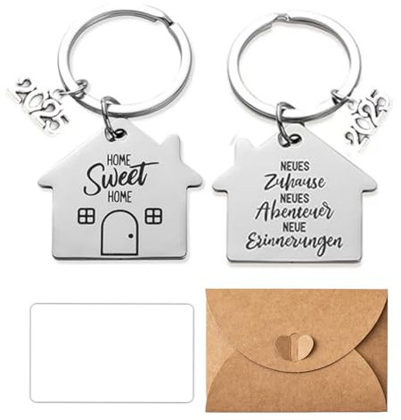 2 Stück 2025 Schlüsselanhänger Haus, New Home Gifts for Couple,Mit 1 Briefumschlag und Blankokarte,Housewarming Gifts,Schlüsselringe Individuelles Personalisiertes Geschenk Einweihungsgeschenk