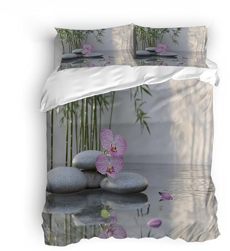 Bettwäsche 135x200cm 3Teilig Zen-Rhythmus Bettwäsche-Sets Orchidee, Gestapelte Steine, Bambus Kinder Mikrofaser 3D Motiv Modern Bettdeckenbezug Mit Reißverschluss und 2 Kissenbezug 80x80cm