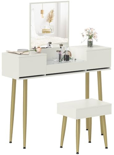 HOMCOM Postazione Trucco con Specchio Ribaltabile, Sgabello con Gambe in Metallo e 3 Cassetti, Toeletta Trucco in Legno con Piano in Vetro Temperato, per Camera da Letto, Bianco