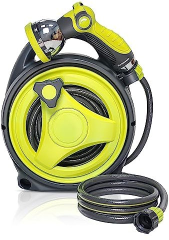 YASHINE Ausziehbare Gartenschlauchtrommel, tragbare Schlauchtrommel, 1,2 m + 1,5 m mit Sprühdüse mit 10 Mustern, passt an Standard-US-Schlauchstopfen, 15 m Schlauchtrommel für Gartenbewässerung