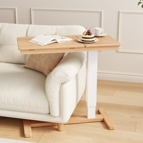 YQJJGL Adjustable Overbed Table with Wheels, Solid Wood Split Top Tilting, Bedside Bed Table with Tray Rolling, for Laptop Computer Standing Desk Cart, Height 70-110cm, Natural