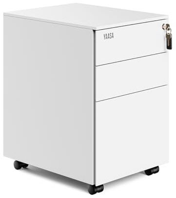 Yaasa File Cabinet Edged Standard Weiß, Rollcontainer mit 3 Schubladen Büro | 100L Stauvolumen, 3 Laden mit zentraler Verriegelung, aus hochwertigem Stahl, feststellbare Vorderräder, inkl. Stifteinsatz