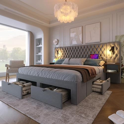 ZIDEY Bett mit Nachttischen, Schlafzimmer Komplett Set 160x200 Polsterbett mit LED&USB&4 Schubladen, Doppelbett Stauraumbett Bettgestell mit Lattenrost, Samt, Ohne Matratze,Grau