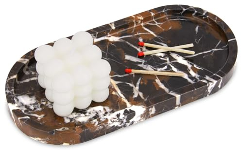 Oval Marble Tray Natural Luxury Marble Home Kitchen Bathroom Vanity Tray, Stone Decorative Countertop Serving Trays for Coffee Perfume Jewelry Makeup Key Black Gold 25 x 12 cm
