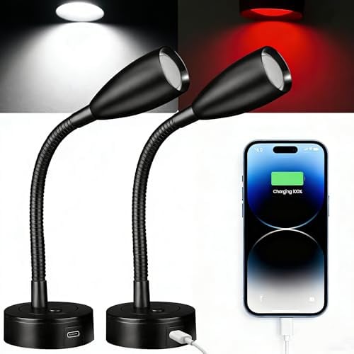 CamperXlite 2 Stück 12V LED Leselampe Wohnmobil, Flexible Dimmbar Leuchten 24V Wandmontag mit Type-C 20W für Wohnwagen Boot Camper Van Yacht Lkw Kombi (Schwarz, 4000K)