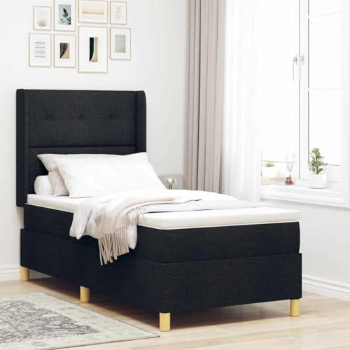 Runheo Boxspringbett mit Matratze, Schwarz 100x200cm, Stoffbezug, verstellbares Kopfteil, goldene Füße, Einzelbett, langlebig