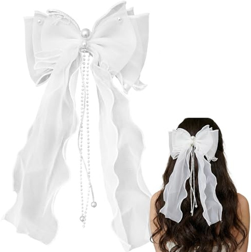 Haarschmuck Kommunion Mädchen, Kopfschmuck Weiße Schleife Mit Band Und Perlen, Erstkommunion Haarschmuck Mädchen,Entenschnabelclip Braut Haarschmuck Blumenmädchen Bei Hochzeiten(Haarspange)