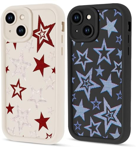 Yoedge 2 Pack Cool Stars Phone Case for iPhone 14 6.1,Cute Y2K Blue Red Star Cases Aesthetic Trendy Design Cover for Women Men,Black White Slim Lens Protection Funda for iPhone 14