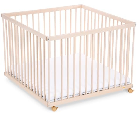 FabiMax Baby Laufgitter 100x100 Natur, stufenlos höhenverstellbar, mit Schlupfsprossen, Laufstall aus massivem Buchenholz (Matratze Premium)