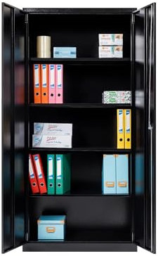 Furni24 Aktenschrank, fertig montiert, 180x80x38cm, Stahlflügeltürschrank Materialschrank, Abschließbarer Spind, Aktenschrank mit 5 Fächern, Werkzeugschrank, Mehrzweckschrank, Universalschrank,schwarz