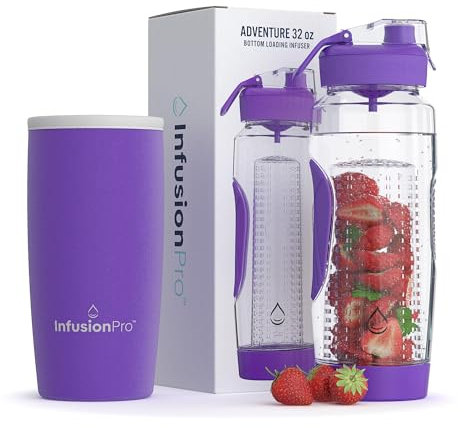 Infusion Pro 32 oz Fruit Infuser Water Bottle with Insulated Sleeve & 50 Recipe Fruit Infusion Water eBook : Bottom Loading, Large Water Infuser for More Flavor : Unique Gift Idea for Women