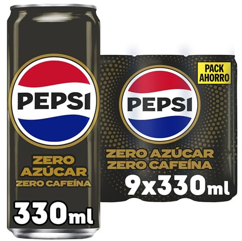 Pepsi zero sin cafeína Refresco de cola con cero azúcar y cero calorías, pack de 9 latas de 330 ml, 2.97 litros en total