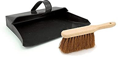 Srendi® Large Strong Metal Dustpan and Brush Set Soft or Stiff Brush Black Dust Ash Pan Coco Fibre Hand Brush Heavy Duty Solid FSC Wood, Sweeping and Scrubbing Wooden Brushes (Dustpan with Soft Brush)