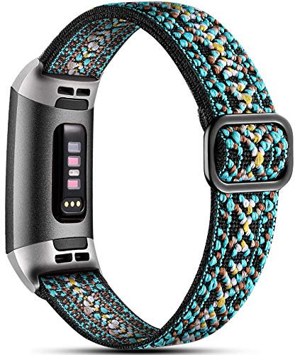 Dirrelo Elastisches Armband Kompatibel Mit Fitbit Charge 3/4, Atmungsaktiv Verstellbar Gewebte Stoff Ersatzband, Nylon Sportarmband für Damen Herren, Aztekisches Blau