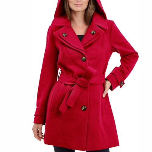 LONDON FOG Damen Mantel mit Doppeltem Revers, Oberschenkellang, Knopf Vorne, mit Gürtel Wollmantel