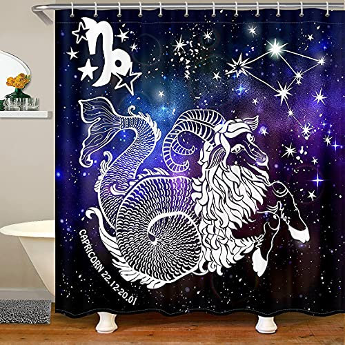 richhome Steinbock Duschvorhang mit Haken,Mystery Goat mit Heckraum Dekor Badvorhang,Starry Galaxy Sternzeichen Konstellation Badezimmerzubehör wasserdichte Platte,180x210cm