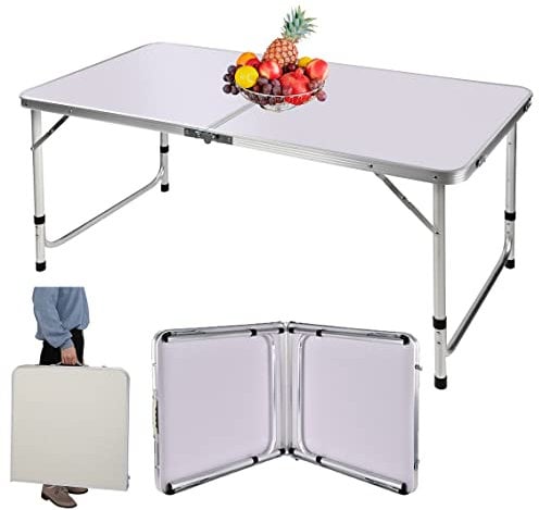 Klapptisch, 122 cm, für Computer, PC, Laptop, Büro, Arbeitszimmer, Schreibtisch, Outdoor, Picknick, Camping, Esstisch, Gaming, Tisch mit Tragegriff, weiß, höhenverstellbar, 120 x 60 x 70/62/55 cm