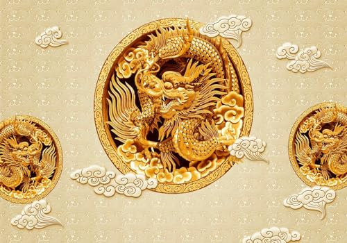 Wesmilewallpaper Papier Peint Panoramique 3D Fond D'Art Classique Dragon D'Or Papiers Peints Intissé Tapisserie Murales Poster 350x245cm