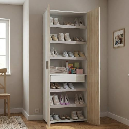 Dmora - Armadio Multiuso Ginestra, Mobile lineare a 2 Ante battenti, Guardaroba a 6 Ripiani, Scarpiera Moderna, 100% Made in Italy, 72x37h195 cm, Olmo e Bianco