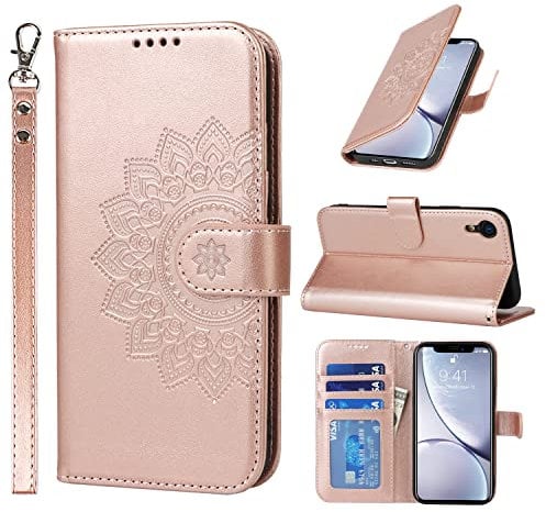 ELTEKER Coque pour iPhone XR, Etui Portefeuille en Cuir PU avec Fentes pour Cartes, Fermeture Magnétique, Protection Housse - Rose