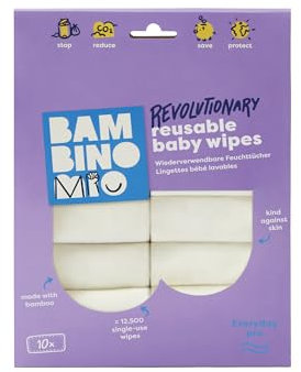 Bambino Mio, Lingettes bébé lavables Extra+, Saines, Zéro déchet, Deux utilisations, Lot de 10, Neige - L'emballage peut varier