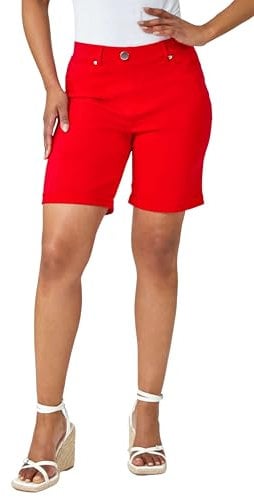 Roman Originals Stretch Shorts for Women UK Ladies Pull On Turned Hem Cut Off Bengaline Mom Boyfriend Boy Denim Casual Cropped Pants Capri Slim Fit Turn Up Summer Crops Mother - Red - Size 20