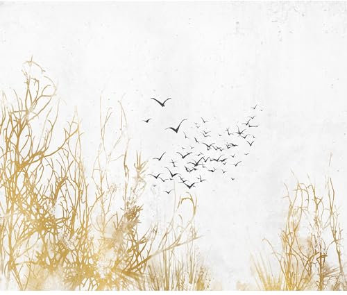 decomonkey - Papier Peint Panoramique Oiseau Abstrait 350x256 cm - Décoration murale moderne – Tapisserie décorative pour chambre salon - Oiseaux plantes paysage nature