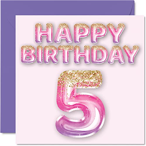 Stuff4 Geburtstagskarte zum 5. Geburtstag für Mädchen | Rosa und lila Glitzerballons
