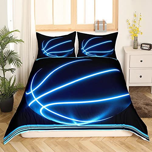 Homewish Sport Bettwäsche Sets 135 x 200 für Jungen Neon Basketball Bettbezug Kinder Teenager Sport Thema Bettbezug-Set Leuchtender Basketball Bettwäscheset Ballspiel Weich Schwarz Blau