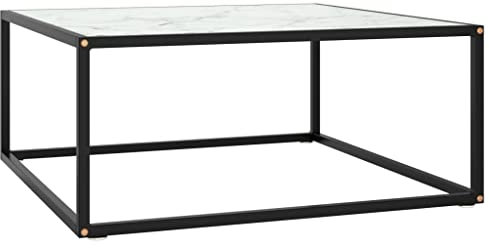 INLIFE Couchtisch Schwarz mit Weißem Glas in Marmor-Optik 80x80x35 cm