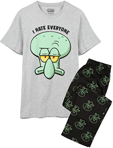 SPONGEBOB SQUAREPANTS Mens Pyjamas | Adults Squidward Octopus I Hate Everyone Grey T-Shirt With Black Long Bottoms Pjs | Nickelodeon Series Movie Merchandise