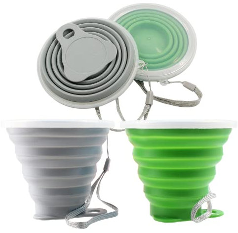Litoexpe Paquete de 2 tazas de viaje plegables de silicona portátiles con tapas, color gris y verde