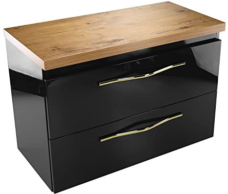 paplinskimoebel - Waschbeckenunterschrank mit Aufsatz 80 cm Breit Girona, Badezimmerschrank mit Aufsatz, Unterschrank für Aufsatzwaschbecken, Waschtischunterschrank Hochglanz - Schwarz/Eiche