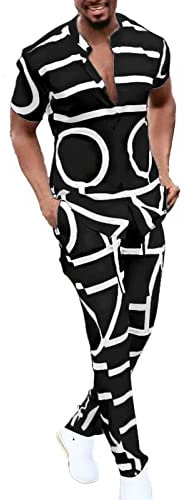 QWUVEDS Männer Casual Stehkragen Set Kurzarm Hawaii Print Mode Hemd Hosenanzug 2 Stück Outfits Umhängetasche Herren