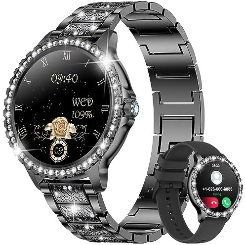 Smartwatch Damen mit Telefonfunktion, 1.32'' HD,20 Sportmodi Armbanduhr mit Menstruationszyklus Schlafmonitor Pulsuhr Blutdruckmessung Schrittzähler Fitnessuhr Damen Runde für Android iOS Schwarz