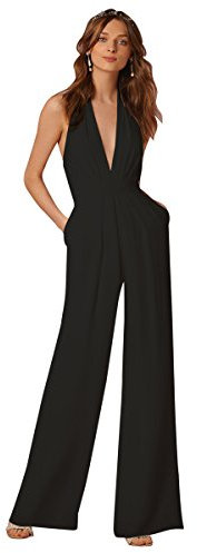 ODIZLI Jumpsuit Damen Elegant Lang Breites Bein Ärmellos Neckholder V-Ausschnitt Sommer Overall Frauen Festlich Kleidung Hochzeit Brautjungfer Formal Party Geschäft Hosenanzug Playsuit Schwarz S